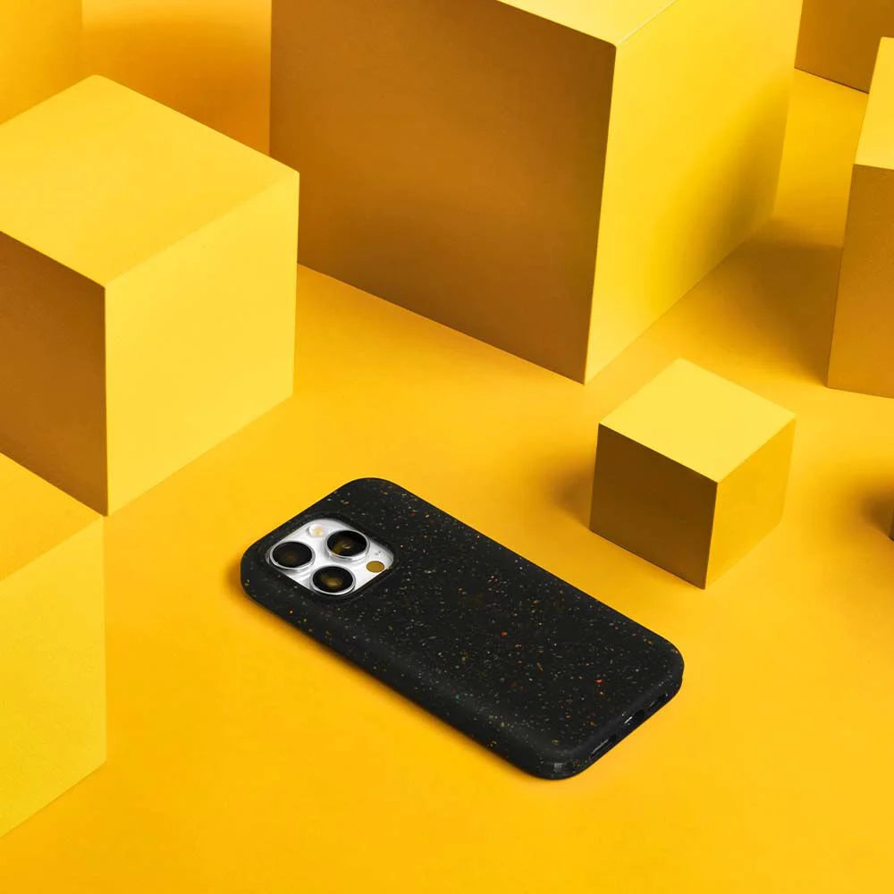 Black phone case on a yellow geometric background