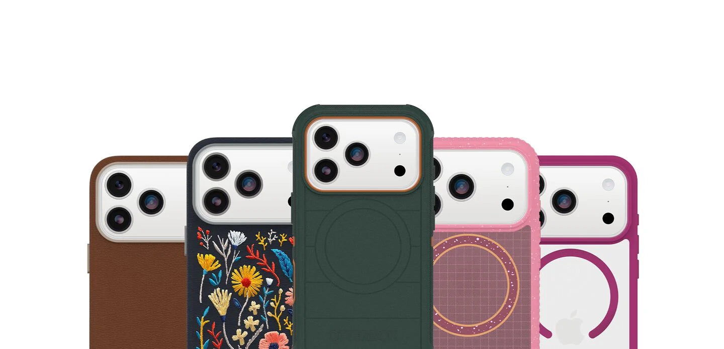 Collection of various phone cases on a white background