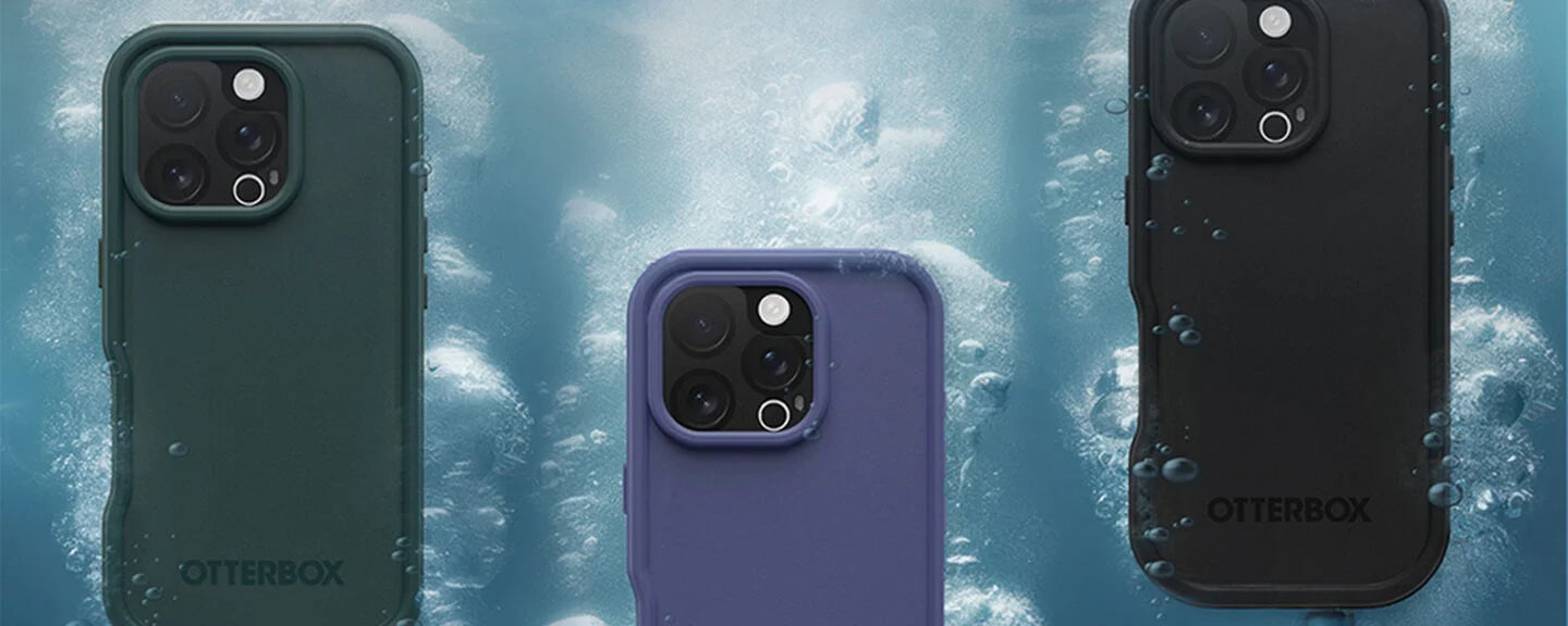 Three phone cases by OtterBox on a blue water background